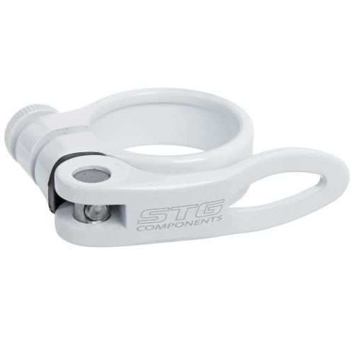 Хомут подсидельный STG 31,8мм с логотипом STG, белый